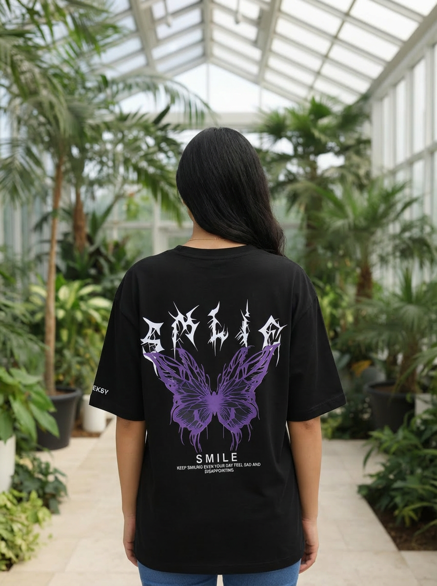 Fleeksy Butterfly Graphic Oversized T-Shirt – Night Black