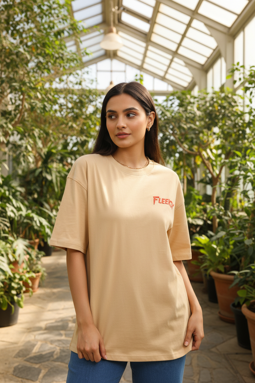 Fleeksy Signature Oversized T-Shirt – Sand Beige