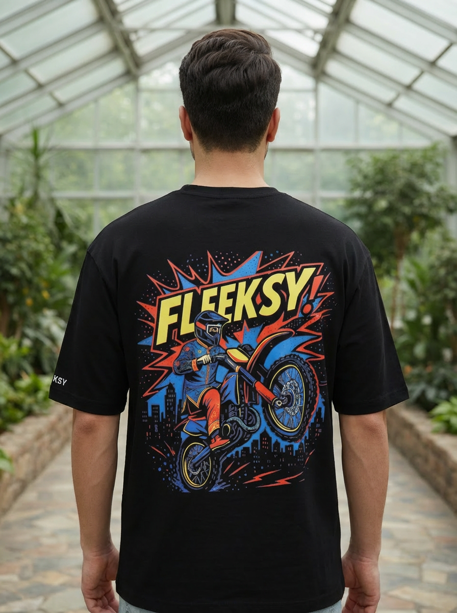 Fleeksy Stunt Rider Graphic Oversized T-Shirt – Black