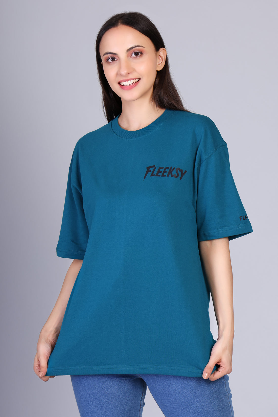Fleeksy Signature Oversized T-shirt – Teal Blue.