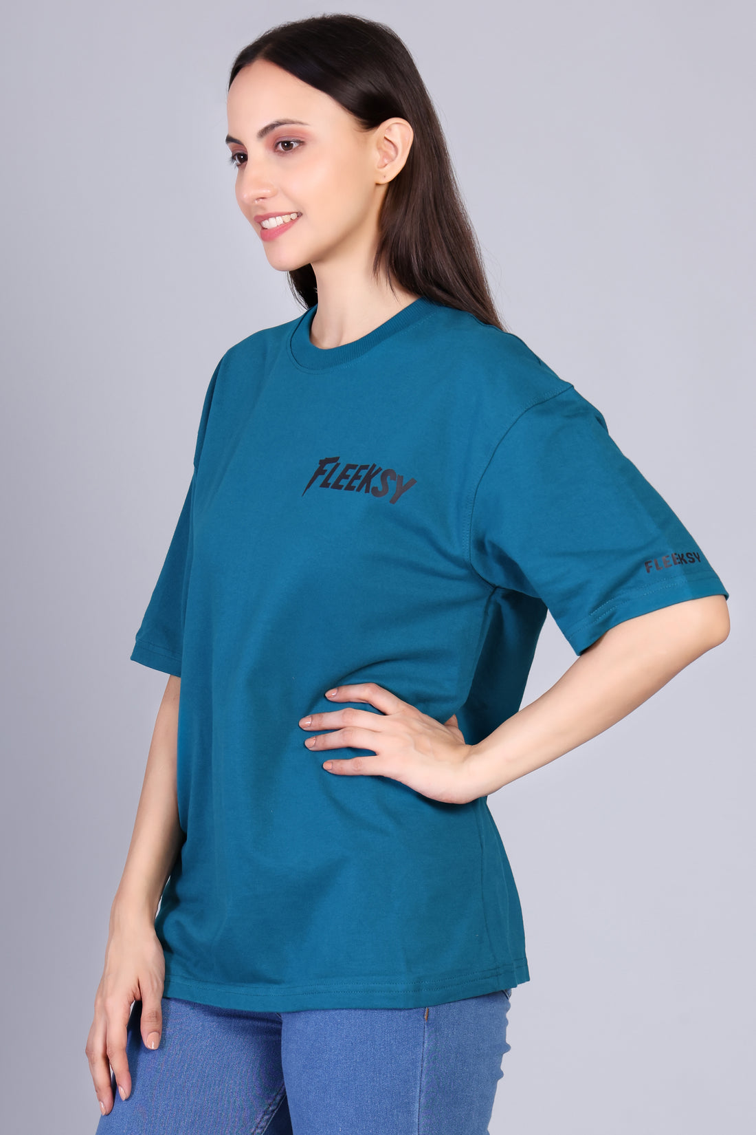 Fleeksy Signature Oversized T-shirt – Teal Blue.