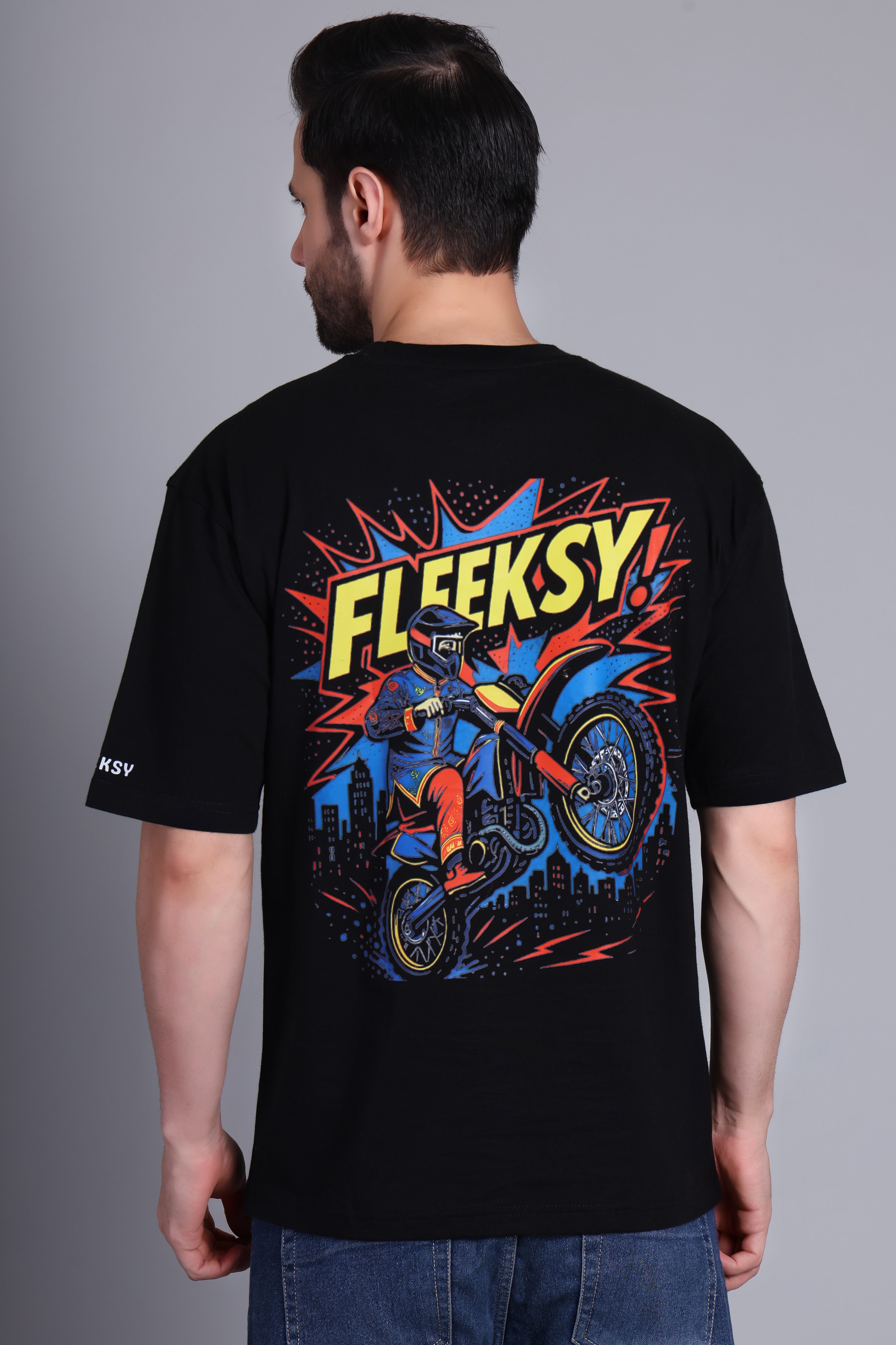 Fleeksy Stunt Rider Graphic Oversized T-Shirt – Black