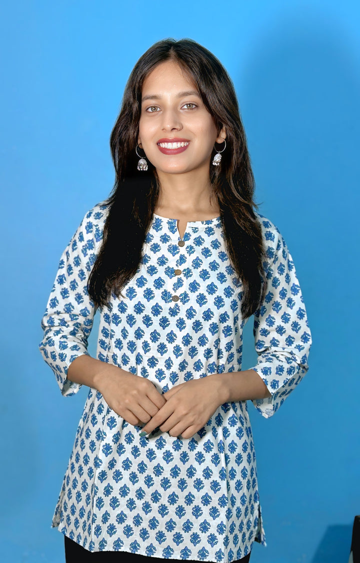 Azure Blue Handblock Cotton Kurti – Grace in Every Print