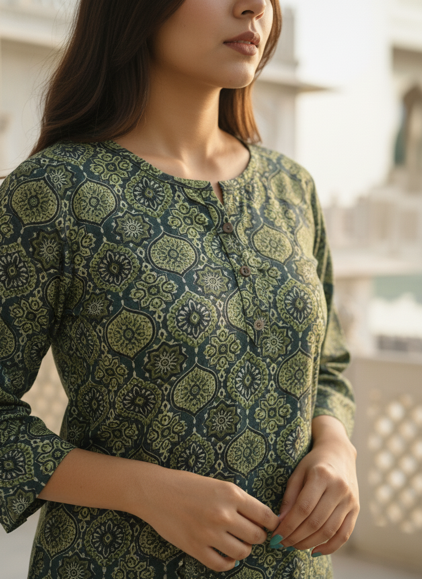 Elegant Green Handblock Printed Cotton Kurti for Women