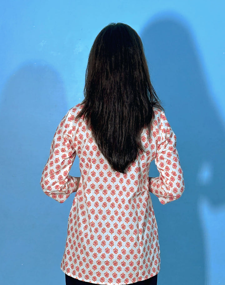 Rust Orange Handblock Cotton Kurti – Everyday Elegance Redefined