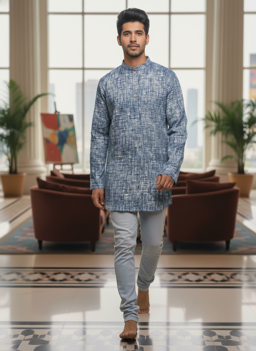 Men’s Blue Textured Cotton Kurta | Festive & Casual Wear by Fleeksy