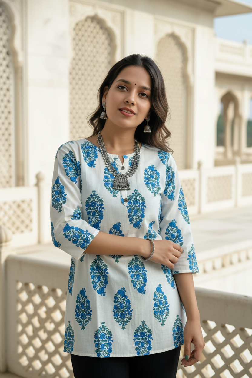Elegant Indigo Blue Handblock Printed Cotton Kurti for Women | Casual Ethnic Wear