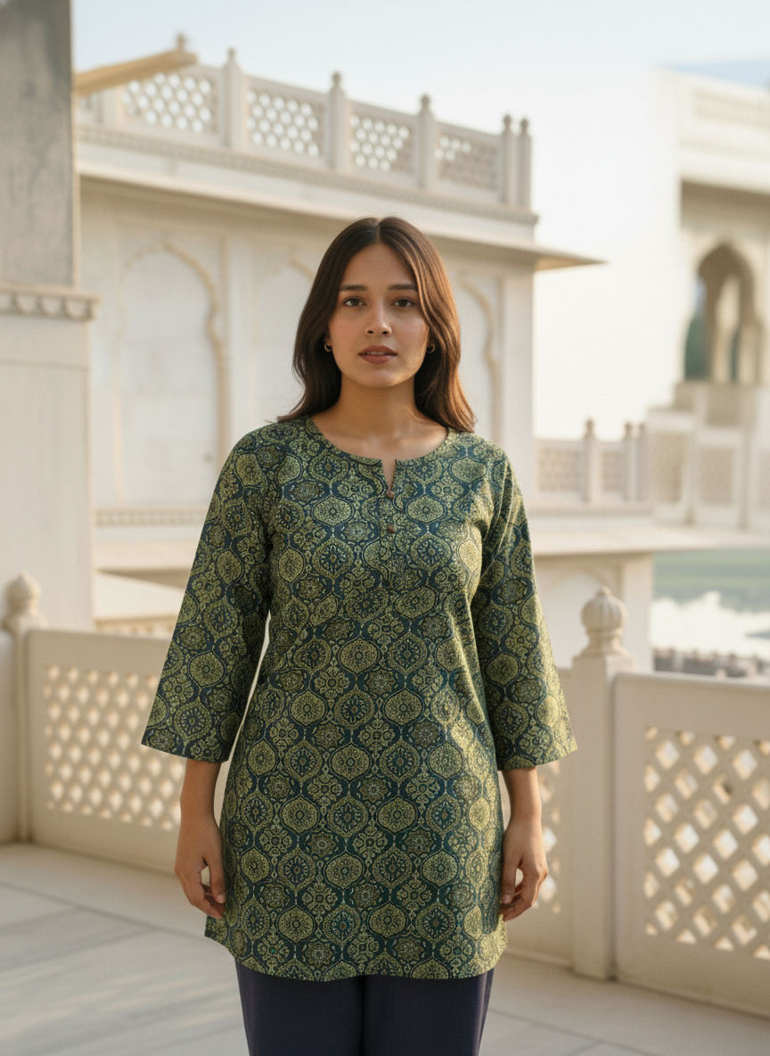 Elegant Green Handblock Printed Cotton Kurti for Women