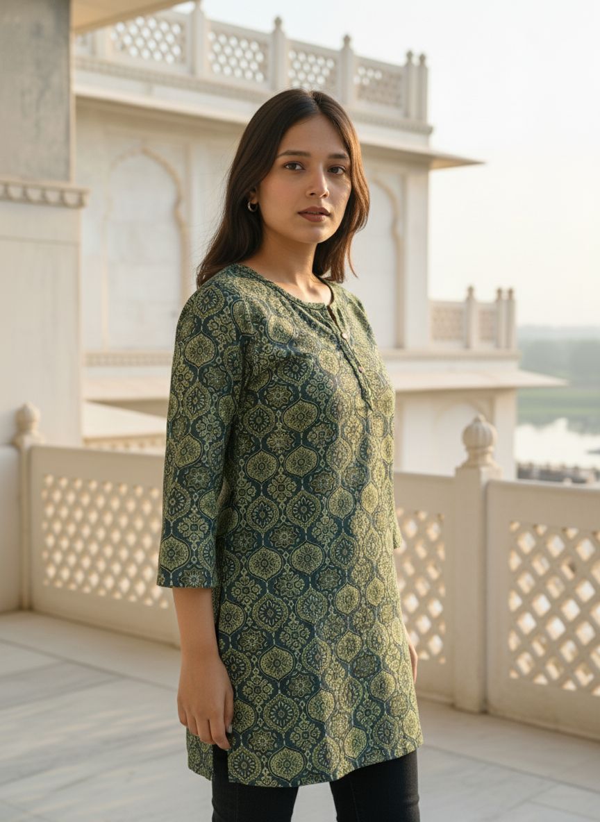 Elegant Green Handblock Printed Cotton Kurti for Women