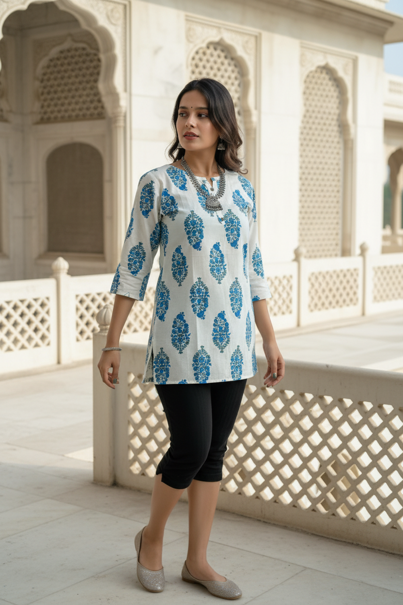 Elegant Indigo Blue Handblock Printed Cotton Kurti for Women | Casual Ethnic Wear