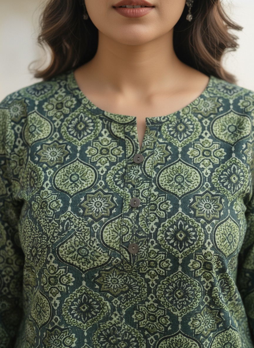 Elegant Green Handblock Printed Cotton Kurti for Women