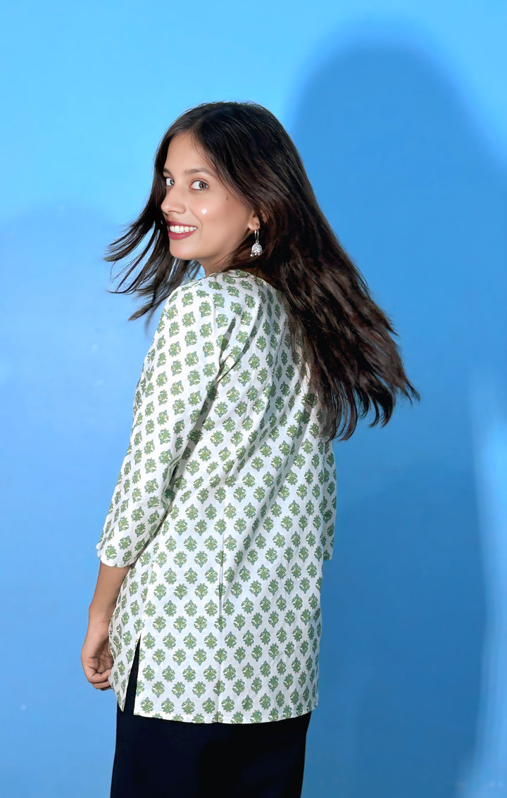 Mint Green Handblock Cotton Kurti – Fresh, Breezy & Beautiful