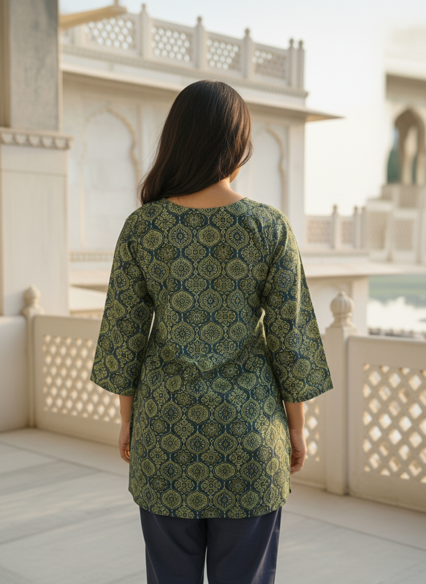 Elegant Green Handblock Printed Cotton Kurti for Women