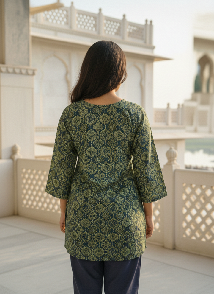 Elegant Green Handblock Printed Cotton Kurti for Women
