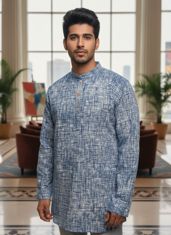 Men’s Blue Textured Cotton Kurta | Festive & Casual Wear by Fleeksy