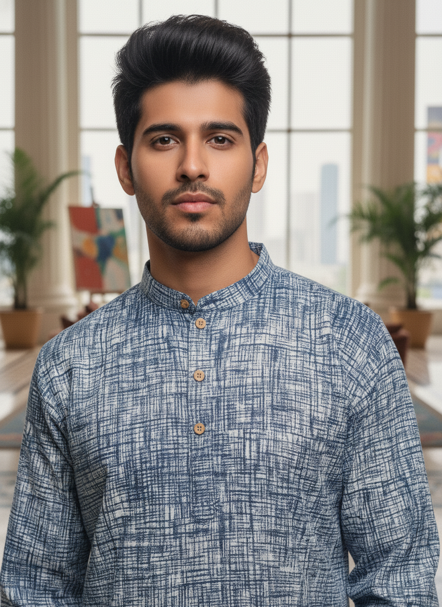 Men’s Blue Textured Cotton Kurta | Festive & Casual Wear by Fleeksy