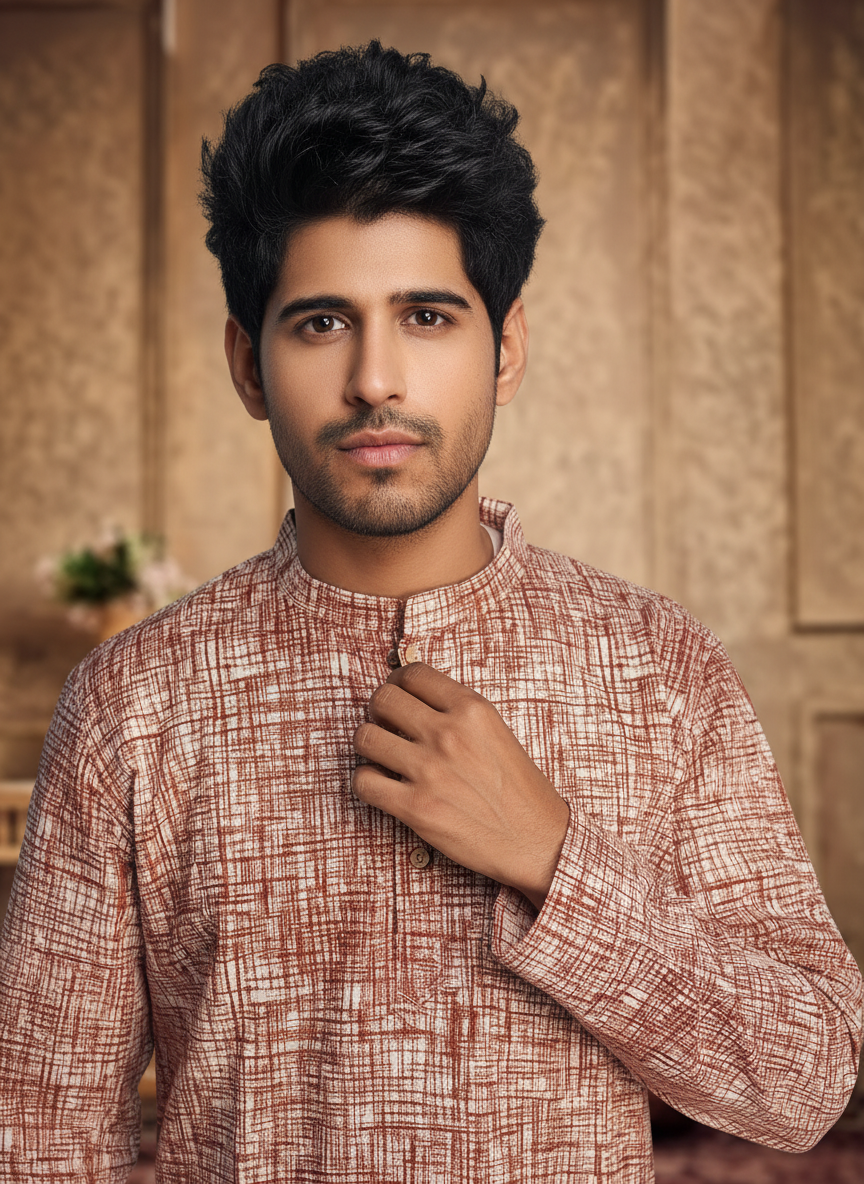 Men’s Red Textured Cotton Kurta | Festive & Casual Wear by Fleeksy