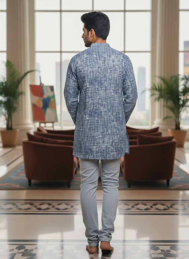 Men’s Blue Textured Cotton Kurta | Festive & Casual Wear by Fleeksy