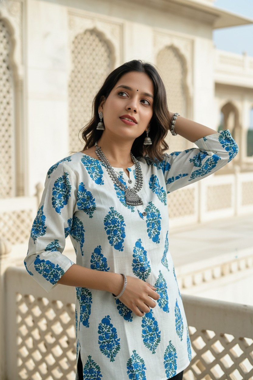 Elegant Indigo Blue Handblock Printed Cotton Kurti for Women | Casual Ethnic Wear