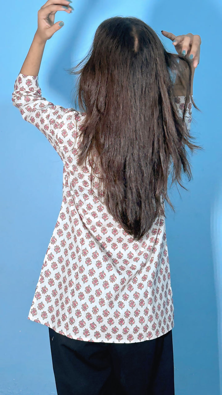 Elegant White & Pink Floral Handblock Cotton Kurti