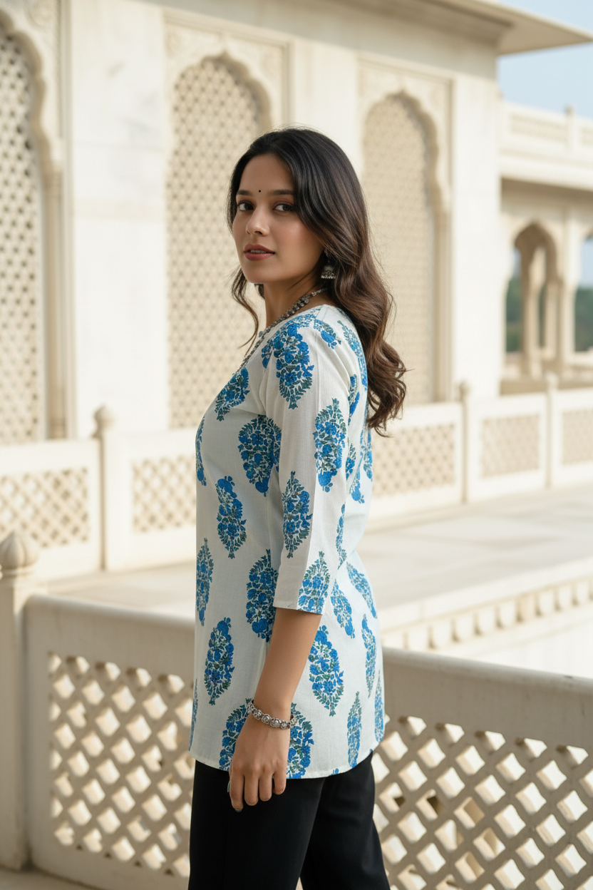 Elegant Indigo Blue Handblock Printed Cotton Kurti for Women | Casual Ethnic Wear