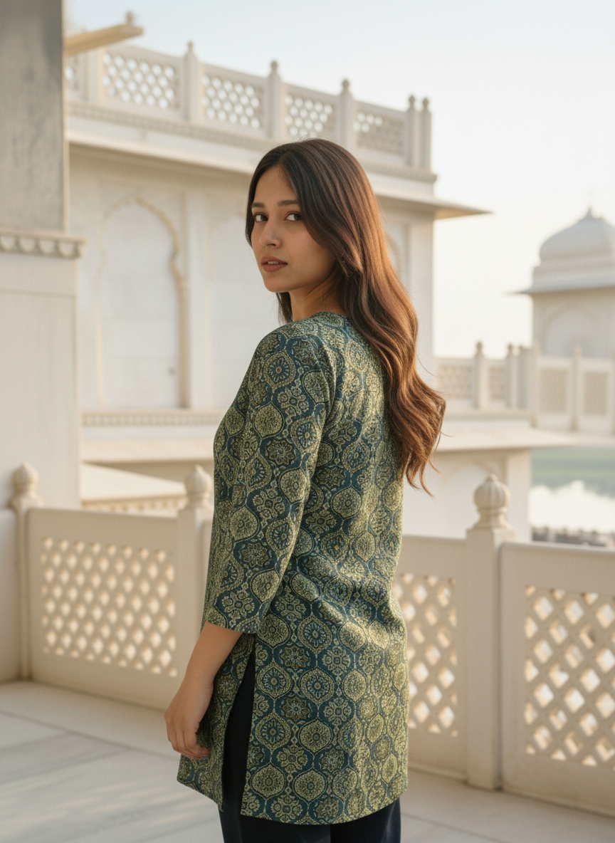 Elegant Green Handblock Printed Cotton Kurti for Women